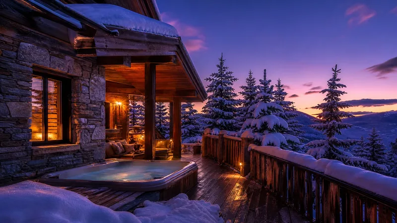 Timber mountain cabin with a hot tub and snow-covered pines at dusk, Utah Short-Term Rental Laws