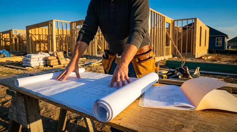 Contractor reviewing blueprints at a jobsite, How to Start an HVAC Business in Utah